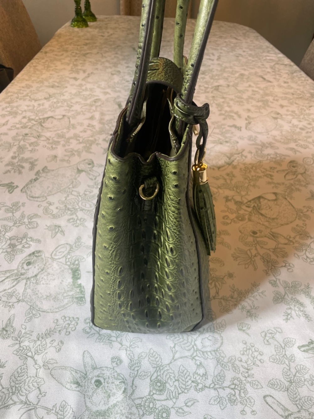 Olive Croc-Embossed Satchel Handbag - Picture 8 of 14